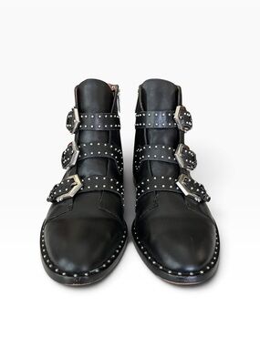 Gianni Bini Leather Akle Boots Women Size 9.5 Black Silver Studded Triple Buckle